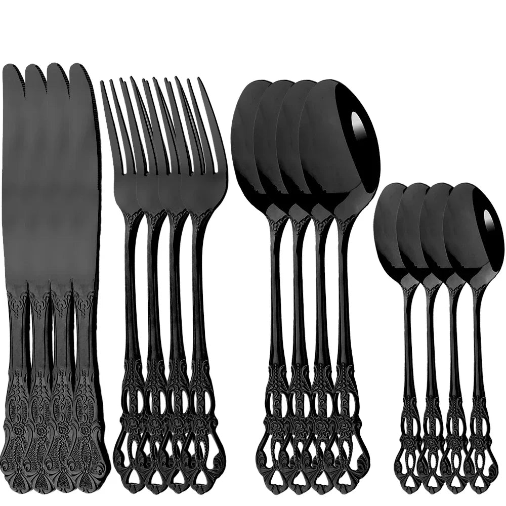 16Pcs Cutlery Sets Vintage Stainless Steel Tableware Dinner Knife Fork Dessert Spoon Dinnerware Set Kitchen Flatware